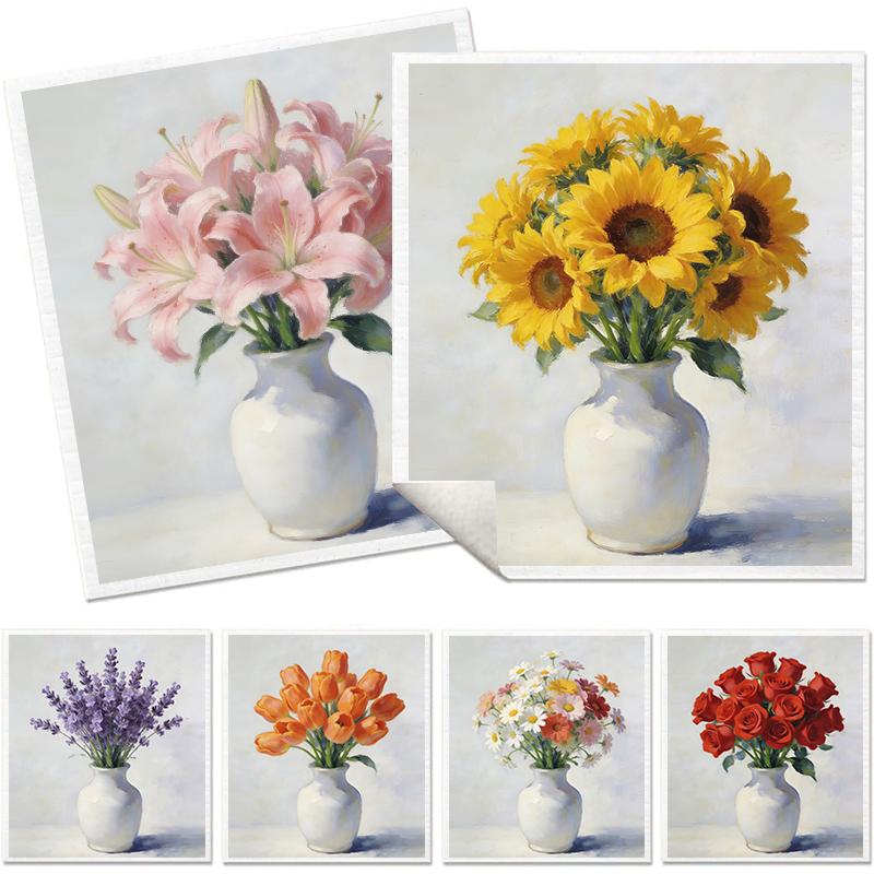 6PCS Cleaning Dishcloths Reusable Kitchen Dish Towels Absorbent Arrange Flower Pattern Dishcloth Lint Free Cloth Washable Duster Rags Tea Towels