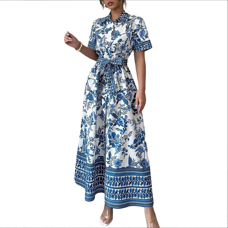 

ZANZEA Женское платье с отложным воротником, бохо-принтом, свободного кроя, с коротким рукавом 5XL синий