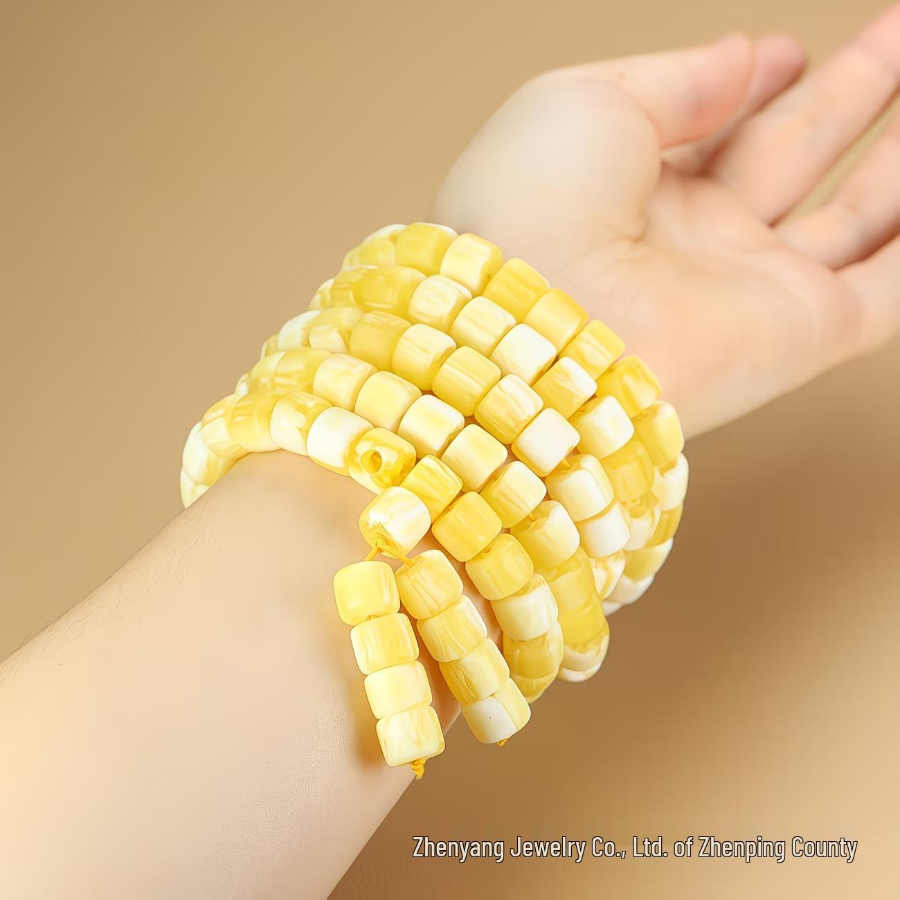 

White Beeswax Barrel Beads Buddhist Bracelet: 108 Beads, Honey Old Beeswax Amber, Hundred Flower Design Necklace.
