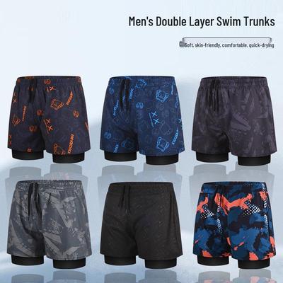 Men's Quick-Dry Double-Layer Swim Trunks - Large Size, Anti-Embarrassment Boxer Style for Hot Springs & Professional Swimming.