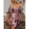 Women's Off Shoulder Puff Sleeve Denim Print Short A-Line Casual Dress