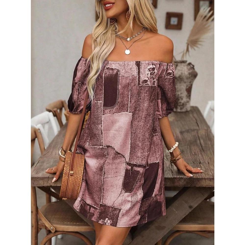 Women's Off Shoulder Puff Sleeve Denim Print Short A-Line Casual Dress