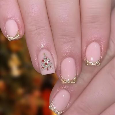 Ongle à Presser Carré Court Faux Ongle French Couverture Complète Acrylique Faux Ongle Design Noël Faux Ongle pour Femmes et Filles