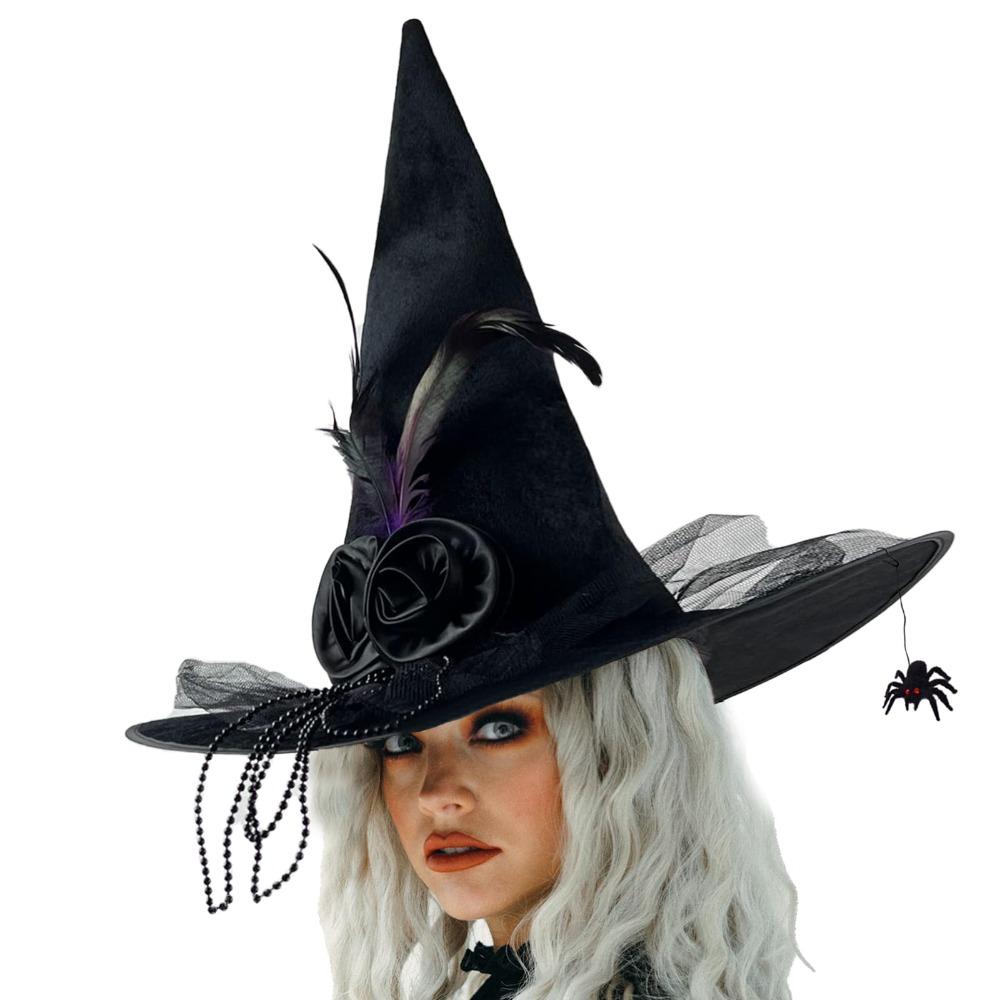 Black Spider Halloween Witch Hat With Black Veil Flower Feather Comfort Witch Costume Accessories Knit Pleated Wizard Hat