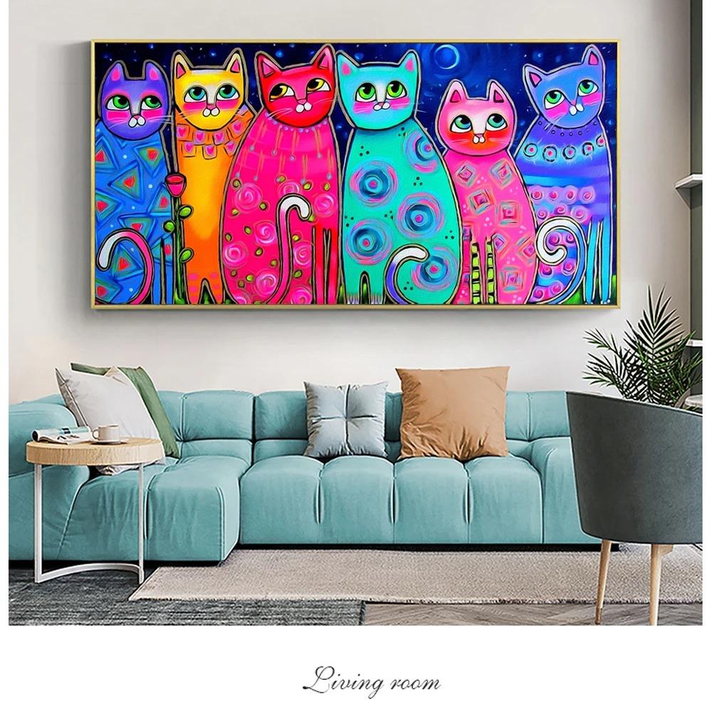 Modern Cats Wall Art Canvas Prints Colouful Animals Canvas Paintings On The Wall Graffiti Pop Art Canvas Pictures For Kids Room