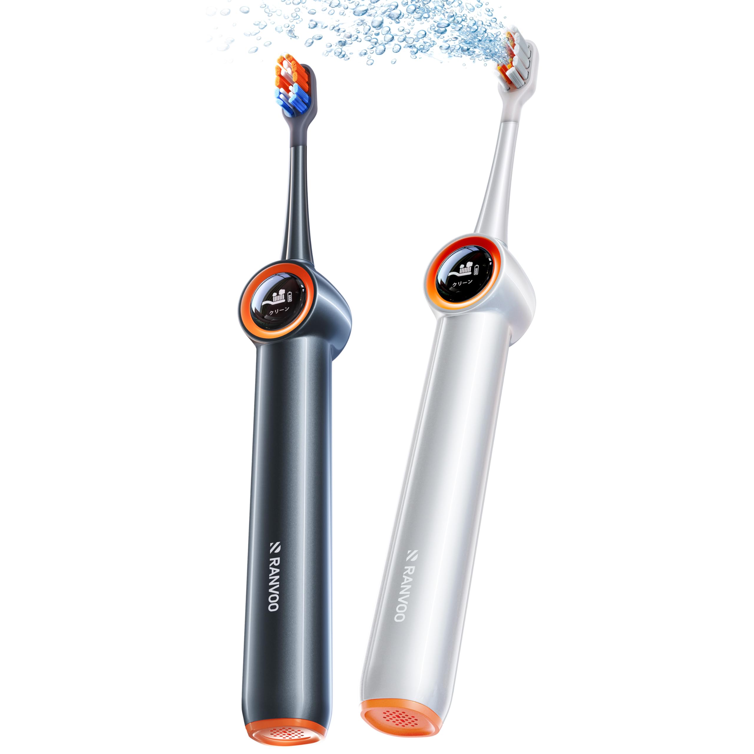 

RANVOO AirJet Sonic Электрическая звуковая очистка AirJet пузырьками Полный налет Пародонтальный карман 3 Магнитные и IPX7 2 Сменные щетки Супермощный пузырь серый