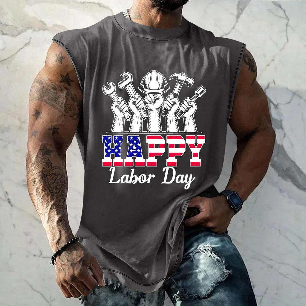 Men's Sleeveless Casual Tank Top Loose Fit Muscle Shirt Labor Day Print Crew Neck Comfortable Summer Workout Apparel