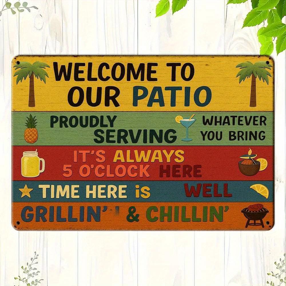 

Welcome to Our Patio rustic metal sign, vintage-style decor. чистый