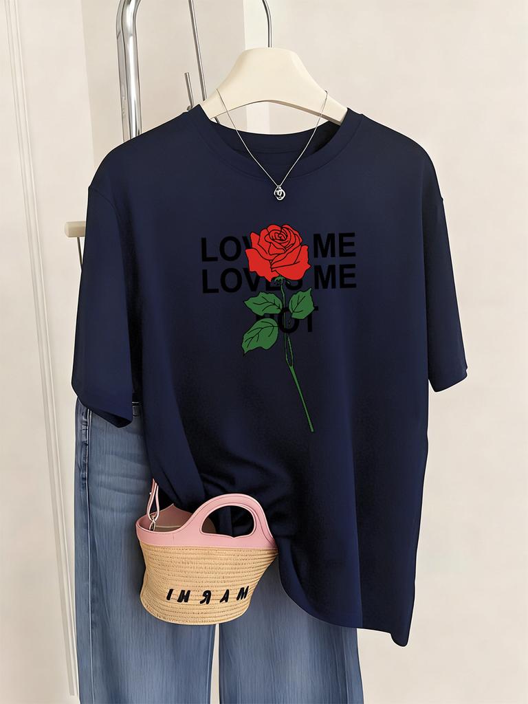 Loved Me Rose Flower Printed TShirts Women Casual ONeck Short Sleeve Tops Comfortable Loose T Shirt Summer Soft Womans Clothes