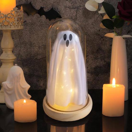 Halloween Indoor Ghost Decoration Light Up Ghost in Glass Cloche with Wood Base Cute Ghost Night Light for Home Kitchen Mantel Shelf Fireplace Decor