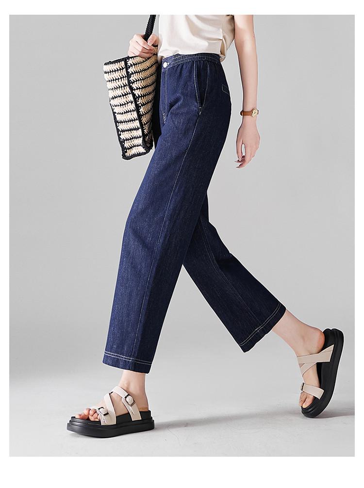 Cotton and linen elastic waisted jeans for women in 2026 summer, thin, fashionable, loose, versatile, slimming straight leg pants