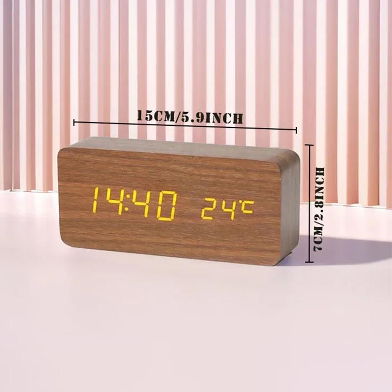 Voice Control Wooden Digital Clock Creative Multi-Functional LED Alarm with Temperature Display Modern Minimalist Home Decor