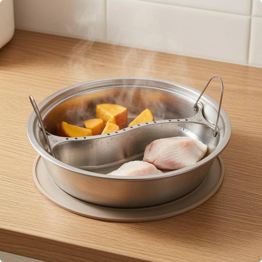 Rice Cooker Steam Tray Wire Handles Divided Multi Compartment Perforated Steaming Basket