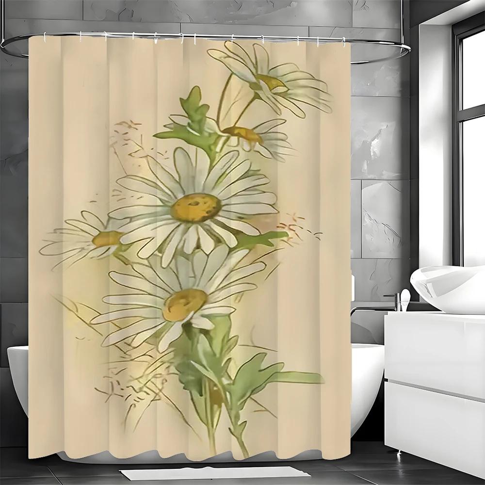 Small Daisy Flower Shower Curtain - Waterproof Bathroom Decor with Hooks