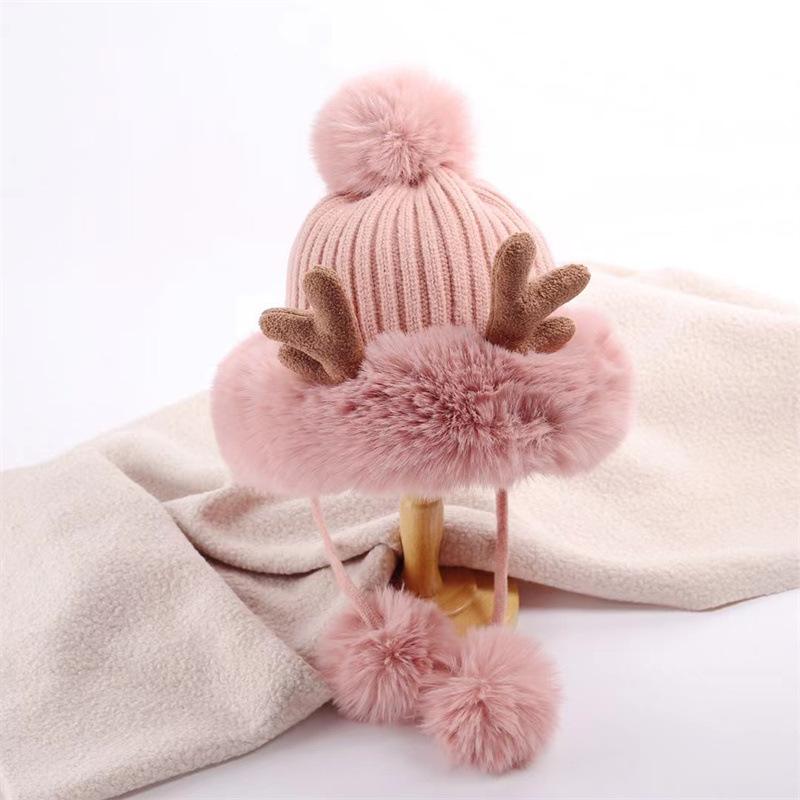 

Hat female autumn and winter cute antlers hairball ear protectors plush hat christmas thickened northeast hat cycling hat M（56-58cm）