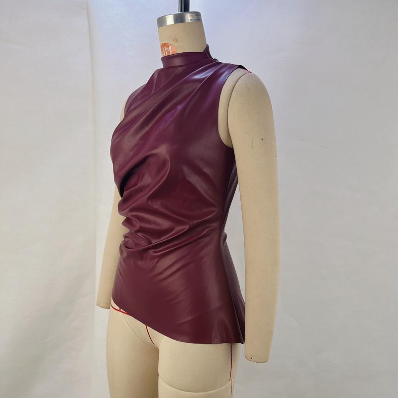 Sleeveless Leather Vest, European and American Style Women's Clothing, Leather Stand Up Collar, Waist Cinching, Irregular Sleeveless Top