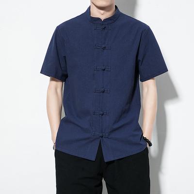 Sommer Chinesischer Stil Leinen Kurzarmhemd Herren Retro Scheibenverschluss Übergröße Tanganzug Hanfu Baumwoll- und Leinenhemd Herren