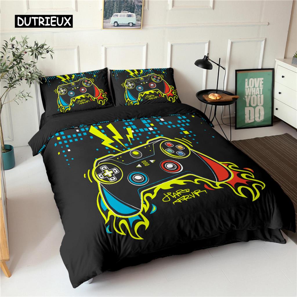 Set de lenjerie de pat cu gamepad, mărime queen, husă de plapumă neagră creativă, set husă de plapumă din poliester, lenjerie de pat 2/3 piese