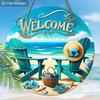 JIT [2D Flat] 1pc Delicate Beach-Themed Wooden Decorative Plaque & Statues, 7.87x7.87 Inch Round Hanging Art Decor with Blue Recliner and Sun Hat