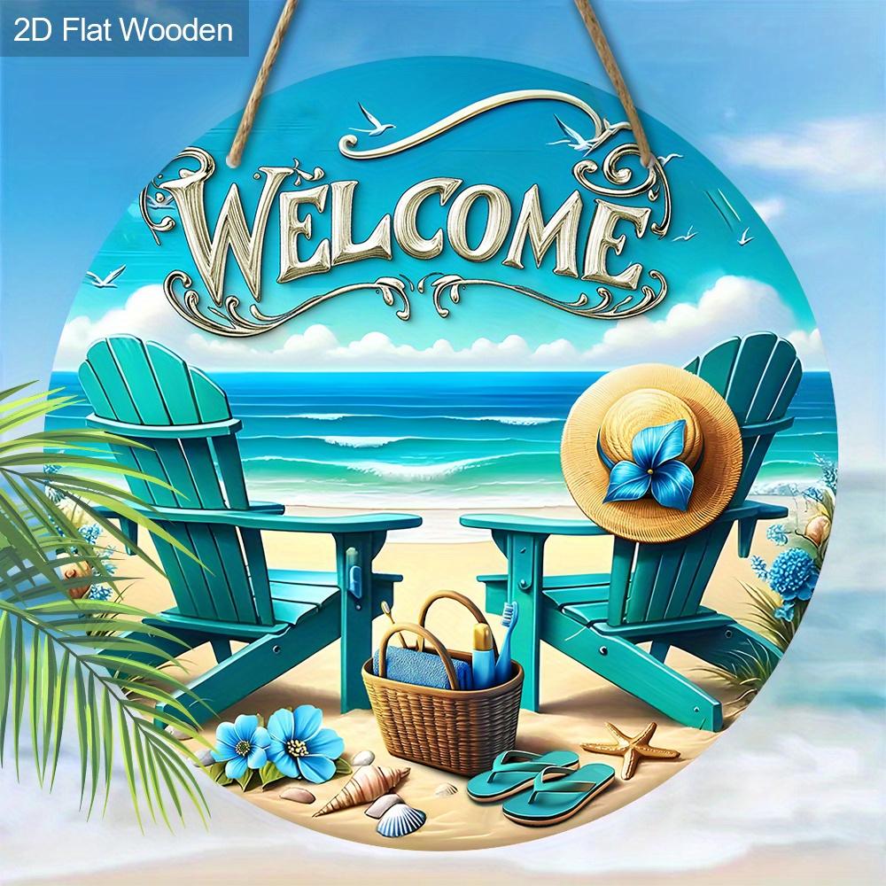 JIT [2D Flat] 1pc Delicate Beach-Themed Wooden Decorative Plaque & Statues, 7.87x7.87 Inch Round Hanging Art Decor with Blue Recliner and Sun Hat