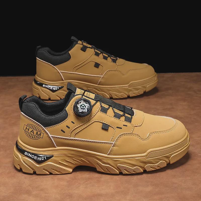 2024 Autumn Men's Low-Top Breathable Leather Work Boots - Thick-Soled, Non-Slip, Trendy Sports Running Shoes.