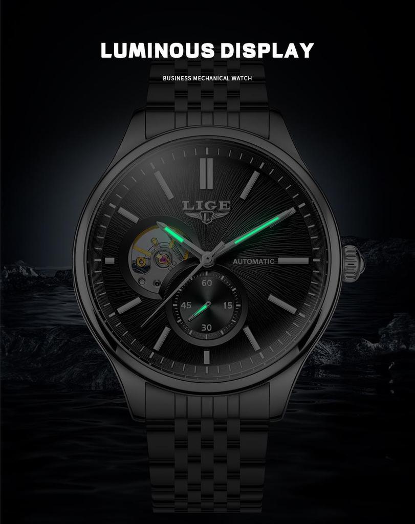 Men's Luxury Waterproof Automatic Mechanical Watch with Steel Band and Luminous Skeleton Design