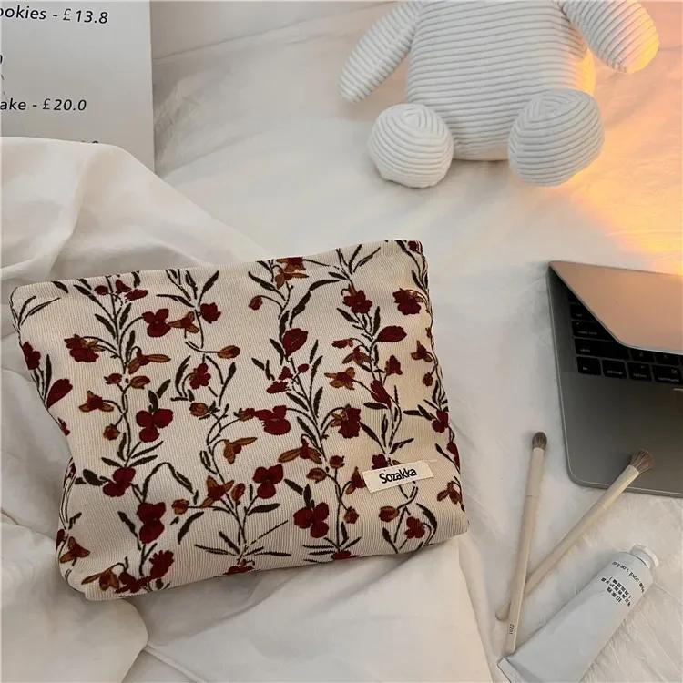 Organizzatore Pochette Trucco in Velluto a Coste Stampa Fiori Retrò Borsa Cosmetica Lavaggio Donna Viaggio Pochette Trucco Bellezza Toilette Custodie Portaoggetti