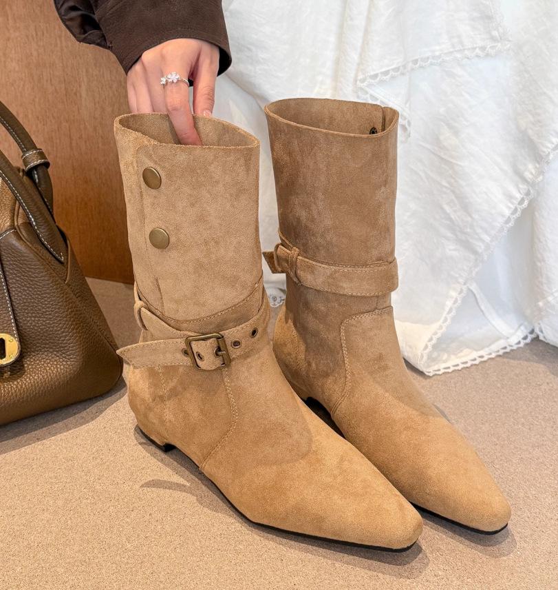 

Замшевые полусапоги на толстом каблуке Женские сапоги 2025 Осень и зима Ретро Западные ковбойские сапоги с юбкой Узкие сапоги Короткие сапоги 40 хаки