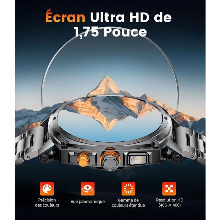 Montre Connectée Homme LIGE 1,75" AMOLED, Batterie 800mAh, LED, 100+ Sports, Bluetooth, Cardio/Sommeil, Android iOS