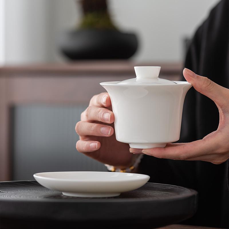 Hover Chinese suet jade porcelain cover bowl large white porcelain not hot, household tea ceramic three talents single tea bowl