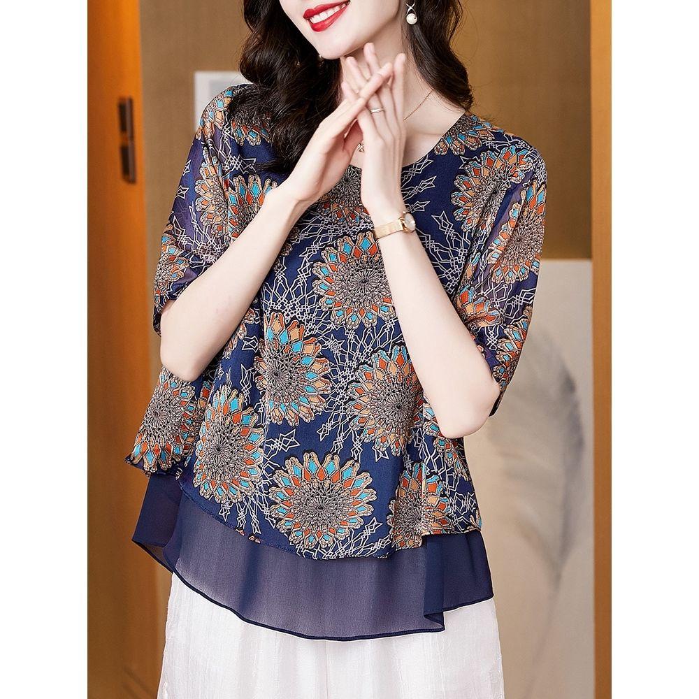 

Intage Асимметричная шифоновая рубашка с цветочным принтом, новая летняя Свободная пуловер с круглым вырезом и коротким рукавом, блузка, женская одежда 4XL