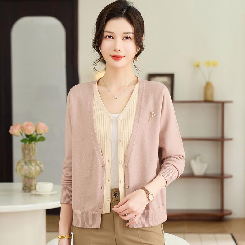 Spring Knit Two-Piece Cardigan - Stylish V-Neck Jacket for Middle-Aged & Elderly Women