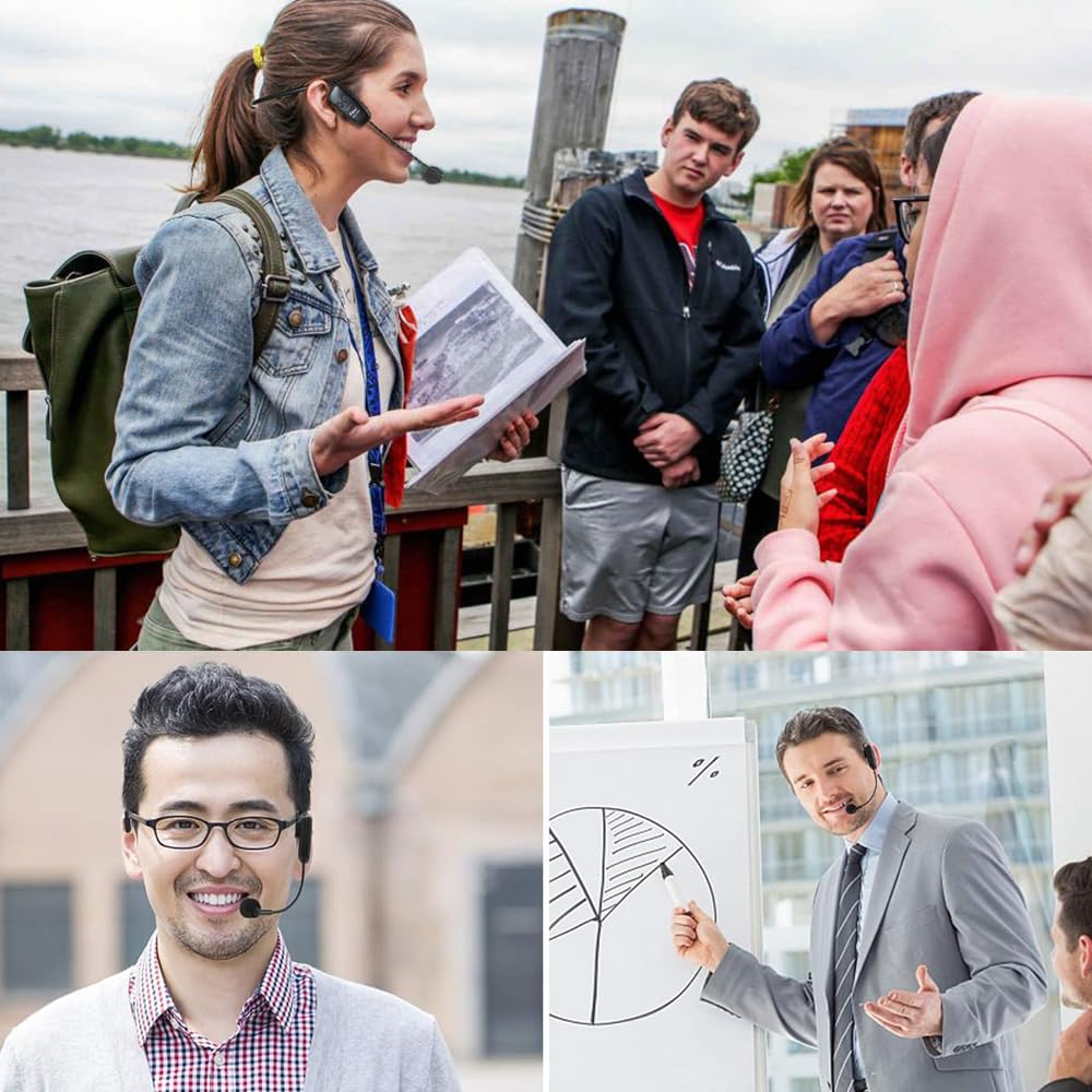 Bezdrátový mikrofon Oulou, UHF náhlavní mikrofon, 50metrový dosah přenosu, automatické párování, ovládání hlasitosti, typ za ucho, přenosný pódiový reproduktor,