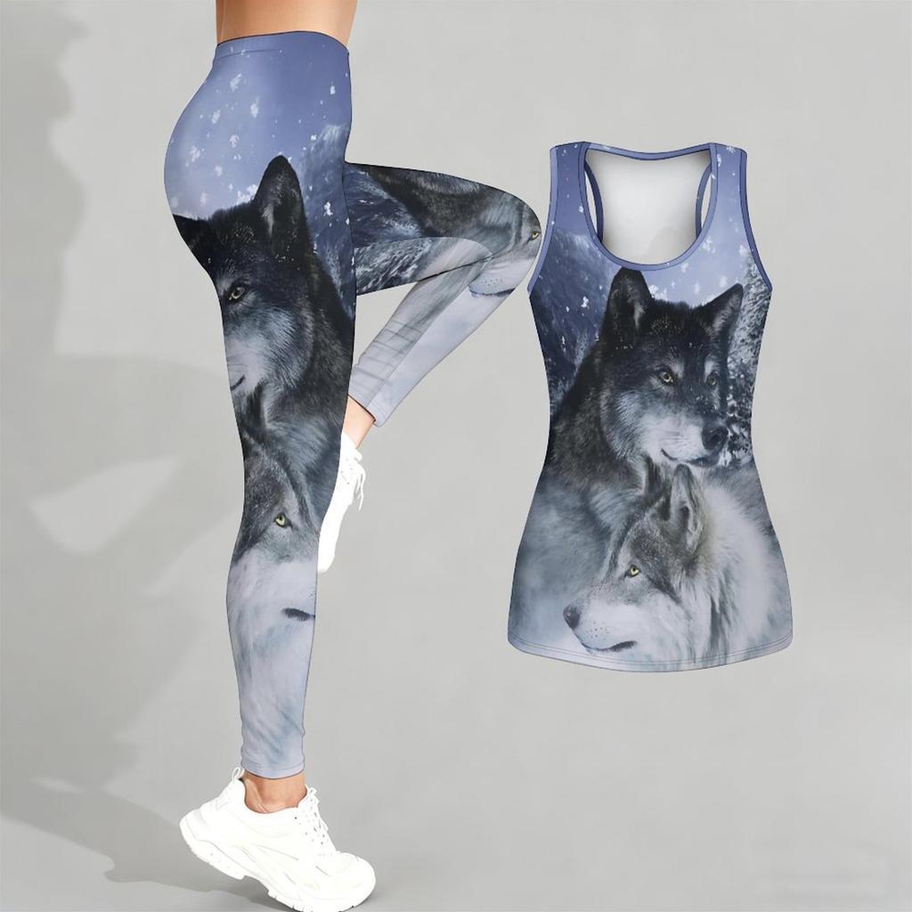 Wild Wolf Pattern Print Yoga Outfit for Women Fashion Workout Leggings Fitness Sports Casual Yoga Set Sports Suit