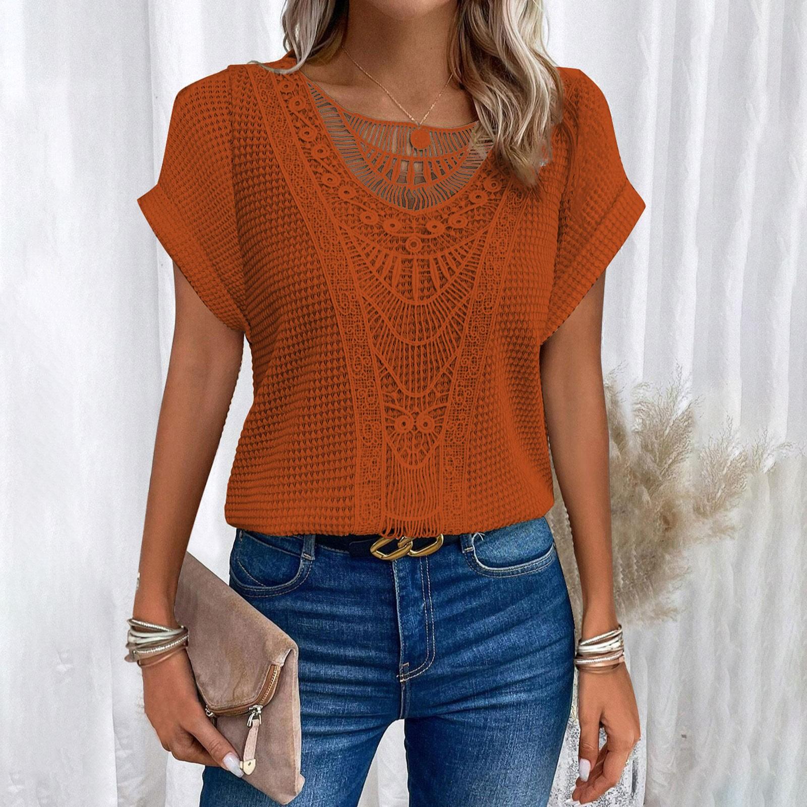 

Женские весенне-летние кружевные футболки с короткими рукавами и топами S оранжевый