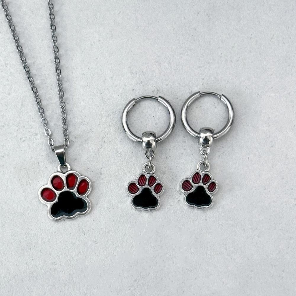 Rock Punk Black Red Drop Glaze Rebellious Meatball Cat Paw Pendant Hoop Earrings Necklace for Women Y2k Spice Girls Jewelry Gift
