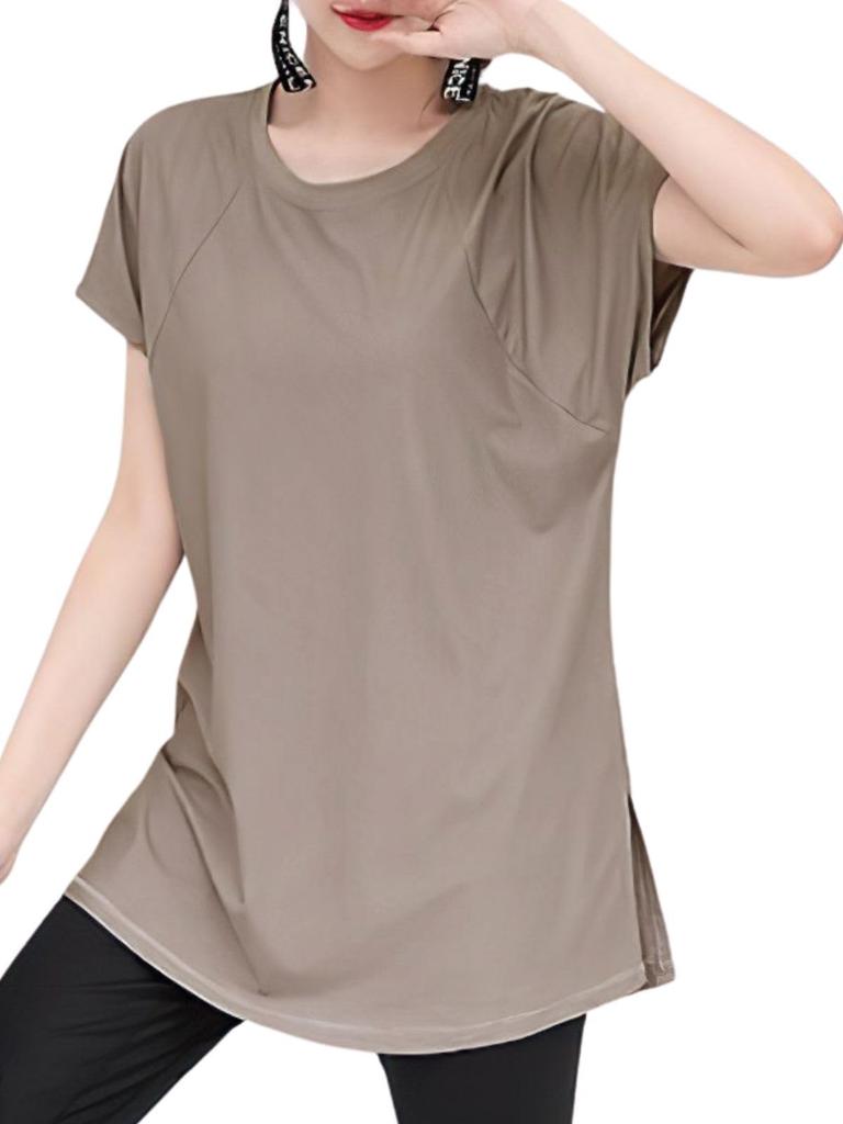 VEROMAN Yoga Flattering Long Short Loose Women's Top, T-Shirt, Length, Sleeve, Fit, ppi-ssd038 (Gray, M)