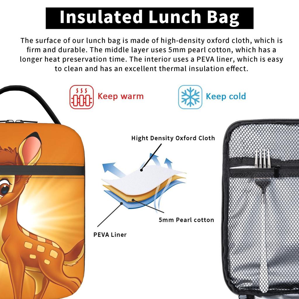 Cartoon Bambis Insulated Lunch Bag Portable Meal Container Thermal Bag Tote Lunch Box Beach Outdoor Men Women