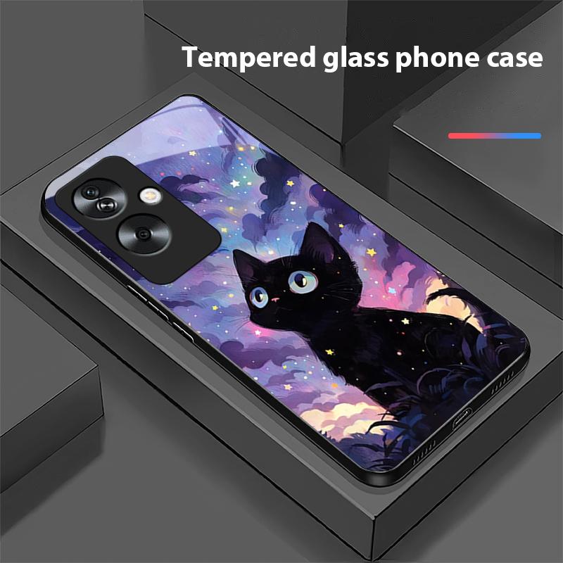 Cute Little Cat Black For Oppo A79 5G 58 78 74 60 4G Reno 11F Realme GT 6 11 Note 50 10 C55 X2 Tempered Glass Black Phone Case