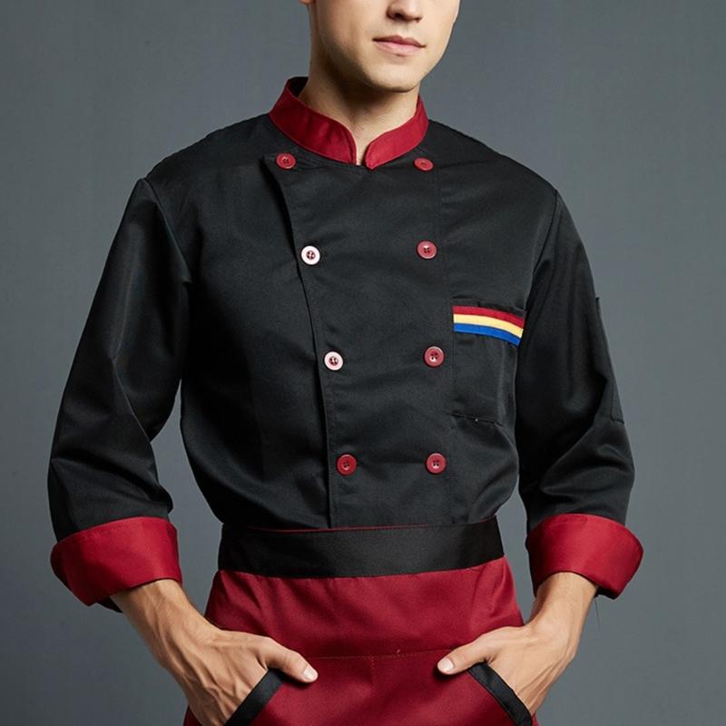 Double Breasted Chefs Coat Lightweight Chefs Jacket Color Stitching Chefs Uniform Hotel Restaurant Shirt Work Clothes