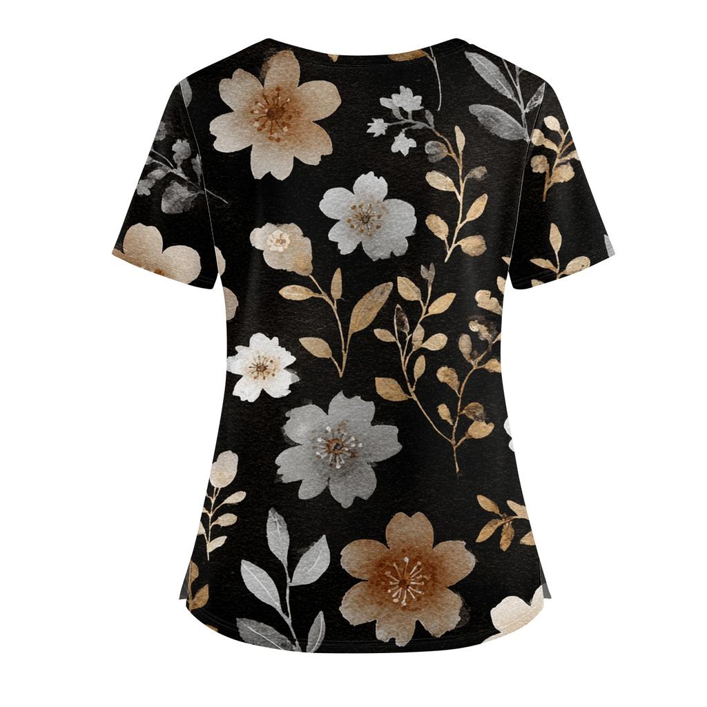 Ladies' Fashionable Floral Print V-neck Double Pocket Short Sleeved Shirt With Slit Hem And Protective Worker's Top