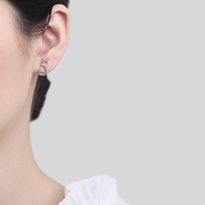 Silver Stud Earrings Female Cute Cat Design Sense Love Hollow Tide Simple Versatile Earrings Earrings
