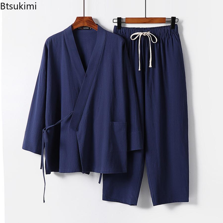 Men's Summer Cotton Linen Two Pieces Chinese Style Lace Up Kimono Tops+Pants Casual Suit Male Vintage Hanfu Tang Suit M-9XL