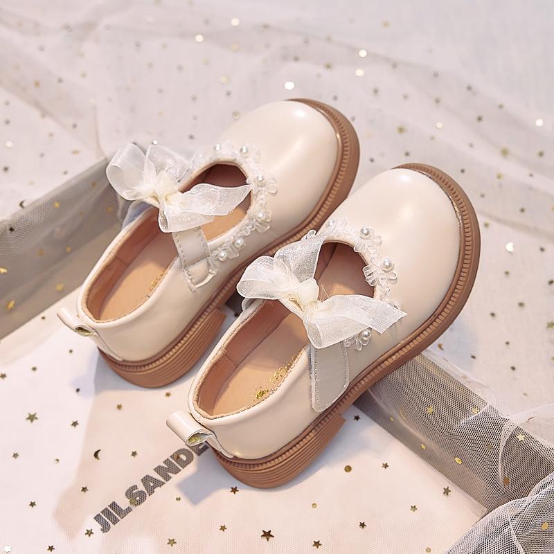 Girls leather shoes bow pearl princess shoes 2025 autumn new children's single shoes soft sole girls performance shoes