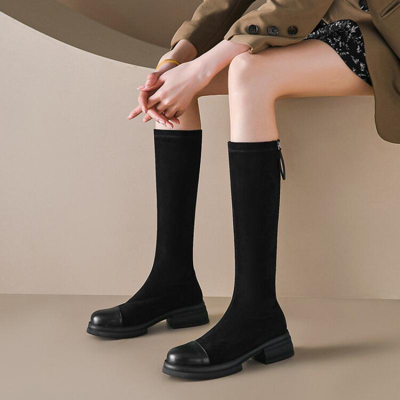 Autumn and Winter European and American Suede High Boots Women's Thick-soled Non-slip Large-size Women's Boots Rear Zipper Middle Heel New Knight 