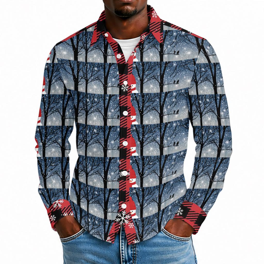 Men's Casual Long Sleeve Shirt with Christmas Print for Holiday Party and Fall