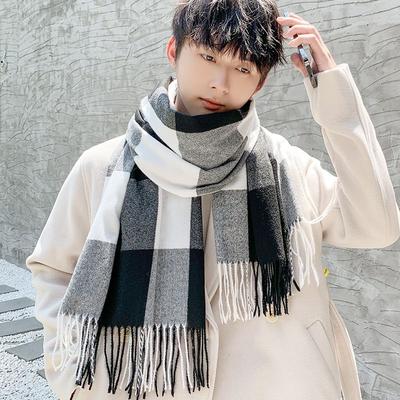 Men's Stylish French Lazy Style Scarf Autumn Winter Faux Cashmere Plaid Warm Couple Neck Warmer for Boyfriend