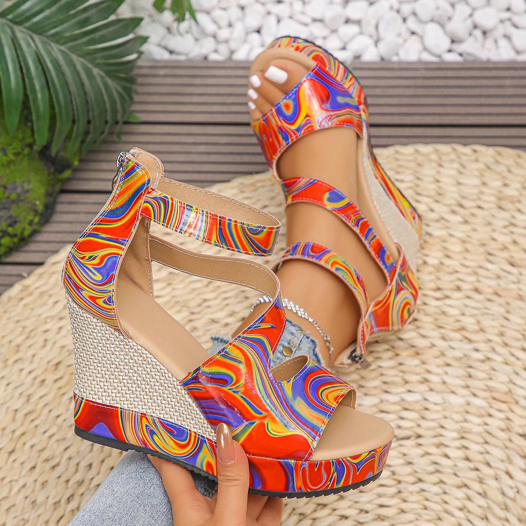 Women Wedge High Heel Peep Toe Sandals Leopard Platform Sandals Thick Sole Summer Comfortable Shoes Women Sandalias De Mujer