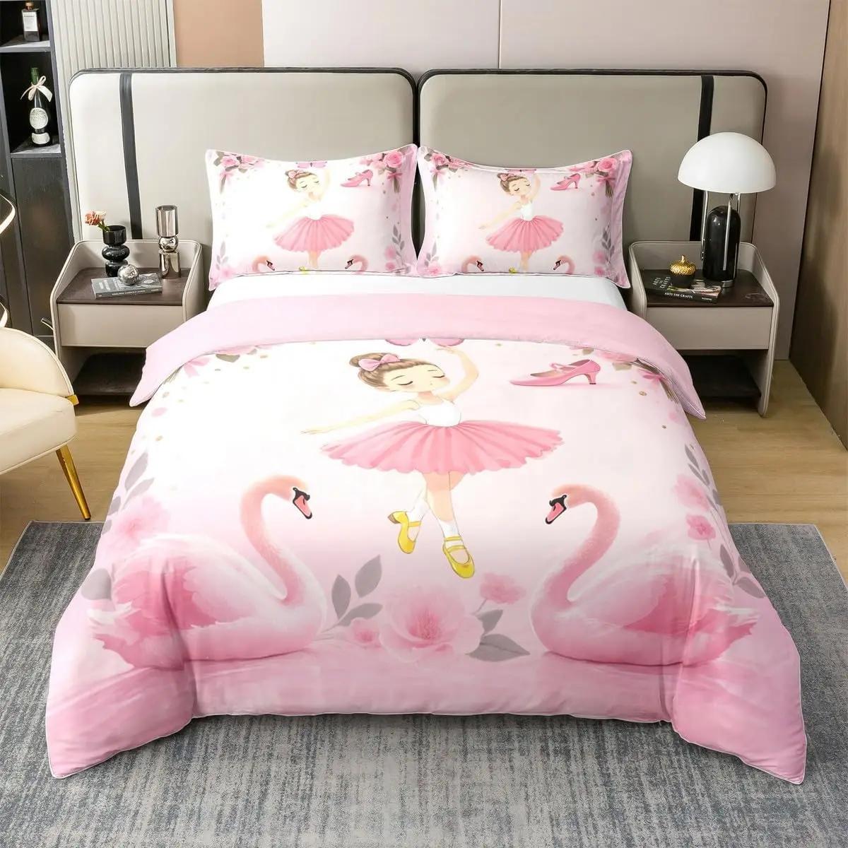 

Комплект пододеяльника с наволочкой с 3D-принтом «Прекрасный лебедь и балерины», Мультяшные пододеяльники для мальчиков, девочек и на молнии 135x200cm