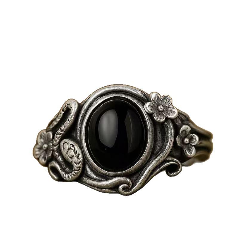 Eco-Friendly Retro Snake Alloy Ring with Black Gemstone and Flower Details for Women